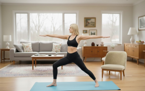 A woman practicing yoga poses in a bright living room with plants and natural light